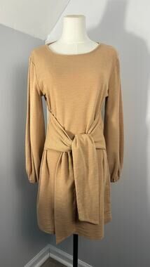 Beige Knit Tie Waist Dress Womens L 12/14 Boho Quiet Luxury Midi